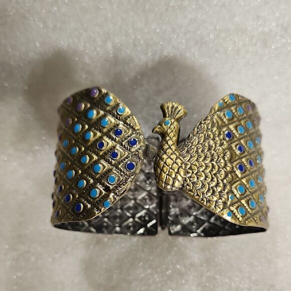 Peacock Design Gold tone and Blue Cuff Bracelet - Picture 1 of 3